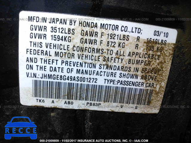 2010 Honda FIT SPORT JHMGE8G49AS001272 image 8