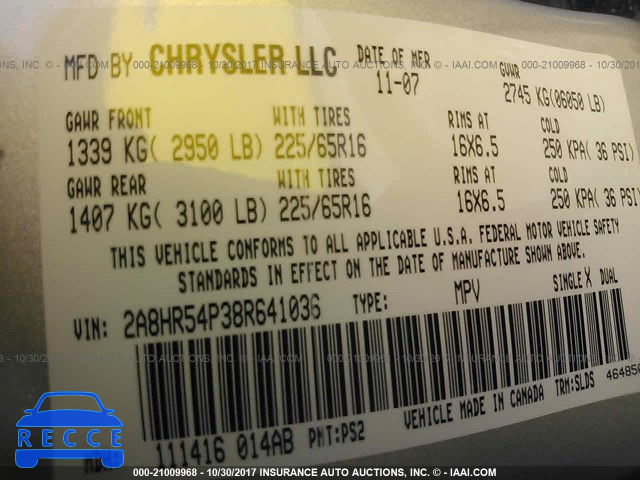 2008 Chrysler Town and Country 2A8HR54P38R641036 image 8