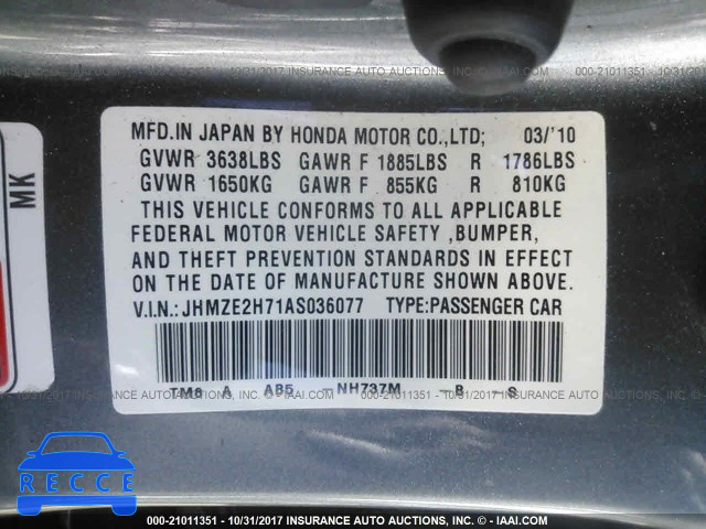 2010 HONDA INSIGHT EX JHMZE2H71AS036077 image 8