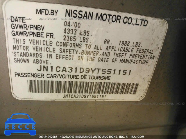 2000 Nissan Maxima GLE/GXE/SE JN1CA31D9YT551151 image 8