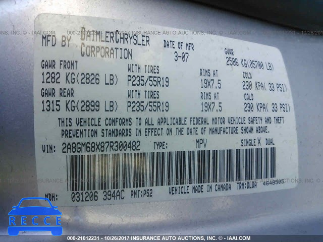 2007 CHRYSLER PACIFICA TOURING 2A8GM6BX87R300482 image 8