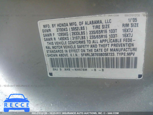 2005 Honda Odyssey EXL 5FNRL38765B058723 Bild 8