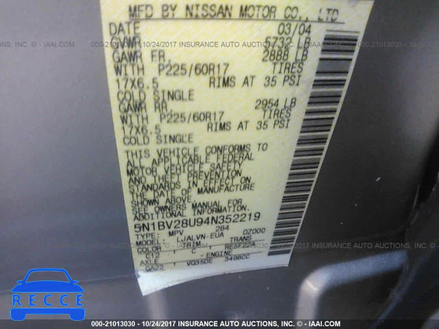 2004 Nissan Quest 5N1BV28U94N352219 image 8