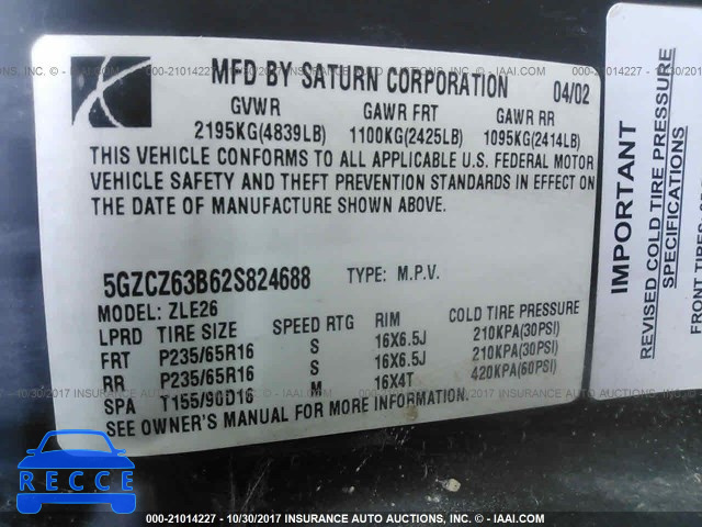 2002 Saturn VUE 5GZCZ63B62S824688 image 8