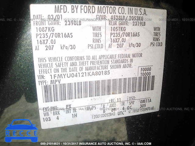 2001 Ford Escape XLT 1FMYU04121KA80185 image 8