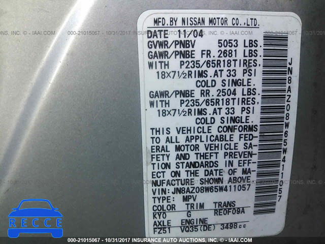 2005 Nissan Murano SL/SE/S JN8AZ08W65W411057 зображення 8