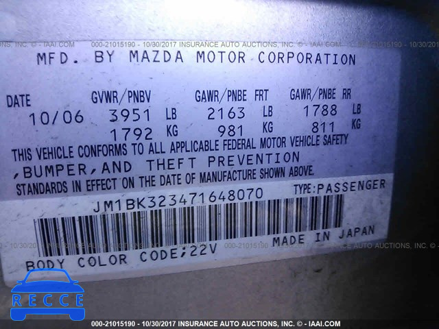 2007 Mazda 3 JM1BK323471648070 зображення 8