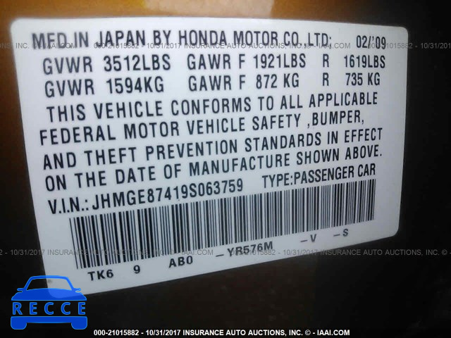 2009 Honda FIT JHMGE87419S063759 image 8