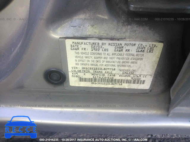 2003 Nissan Sentra XE/GXE 3N1CB51D33L809718 image 8