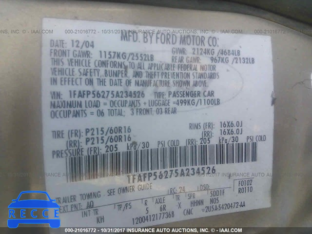 2005 Ford Taurus SEL 1FAFP56275A234526 зображення 8