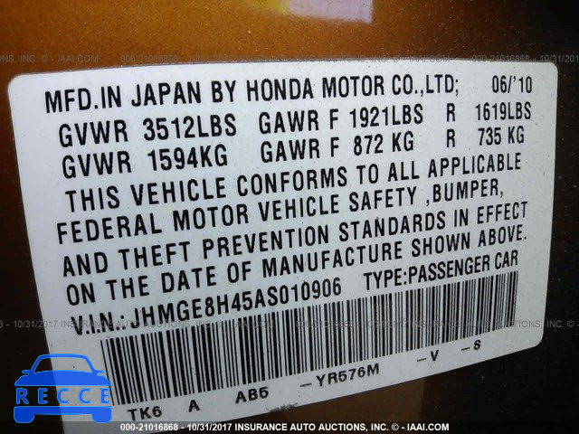 2010 Honda FIT SPORT JHMGE8H45AS010906 image 8