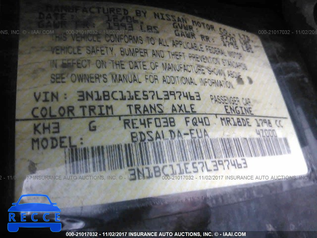2007 NISSAN VERSA S/SL 3N1BC11E57L397463 image 8