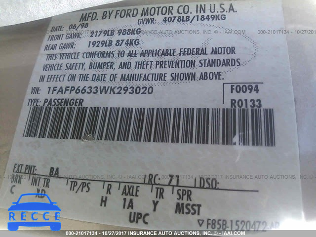 1998 Ford Contour 1FAFP6633WK293020 Bild 8