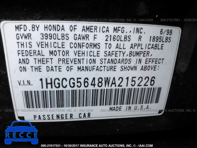 1998 Honda Accord 1HGCG5648WA215226 image 8