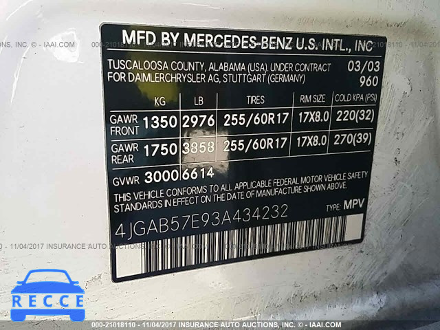 2003 Mercedes-benz ML 350 4JGAB57E93A434232 image 8
