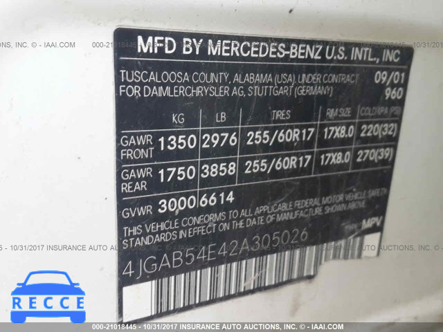 2002 Mercedes-benz ML 4JGAB54E42A305026 зображення 8