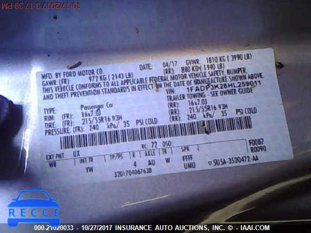 2017 FORD FOCUS 1FADP3K28HL259011 image 8
