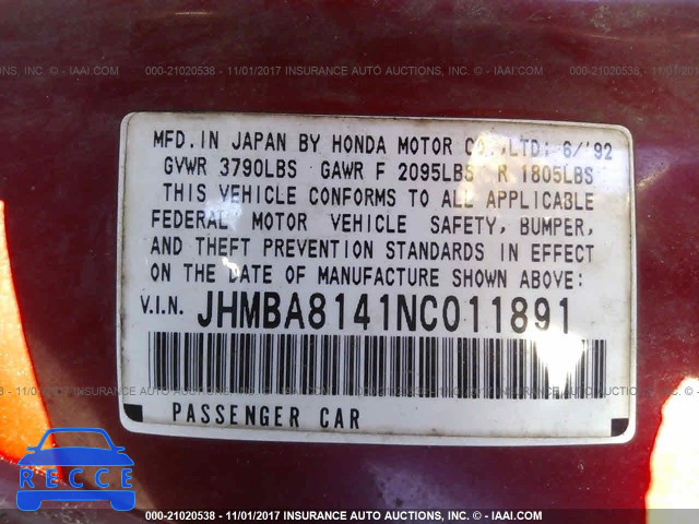 1992 Honda Prelude S JHMBA8141NC011891 image 8