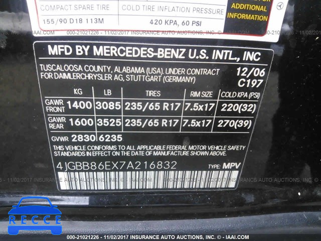 2007 MERCEDES-BENZ ML 350 4JGBB86EX7A216832 зображення 8