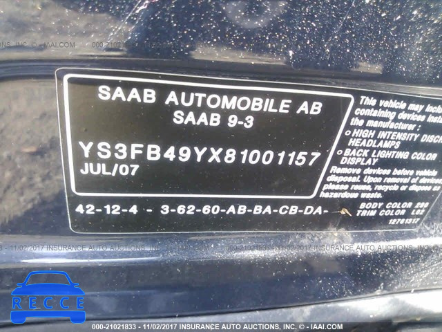 2008 Saab 9-3 2.0T YS3FB49YX81001157 зображення 8