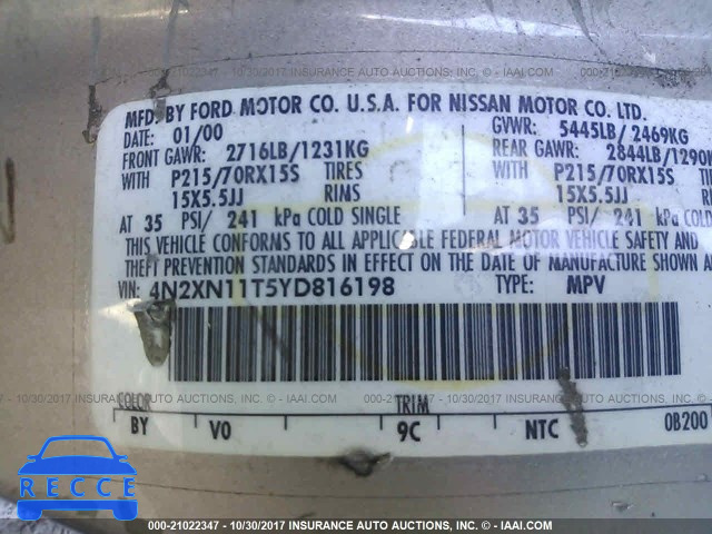 2000 Nissan Quest 4N2XN11T5YD816198 image 8