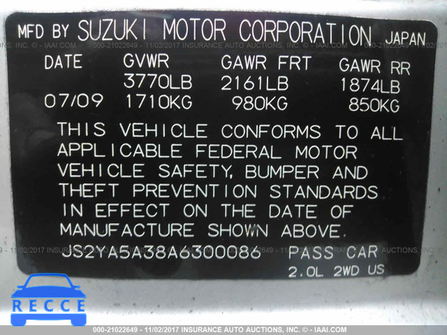 2010 SUZUKI SX4 JS2YA5A38A6300086 image 8