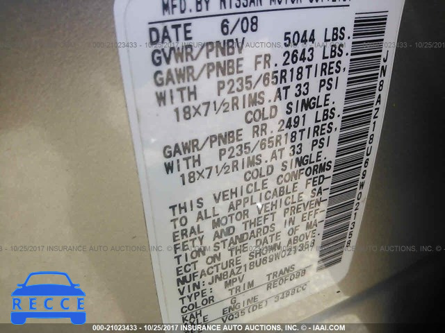 2009 Nissan Murano JN8AZ18U69W021358 зображення 8
