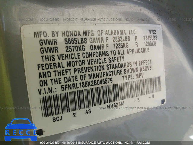 2002 Honda Odyssey 5FNRL186X2B046579 зображення 8