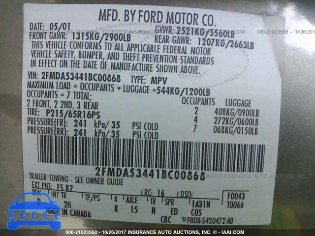 2001 Ford Windstar 2FMDA53441BC00868 image 8