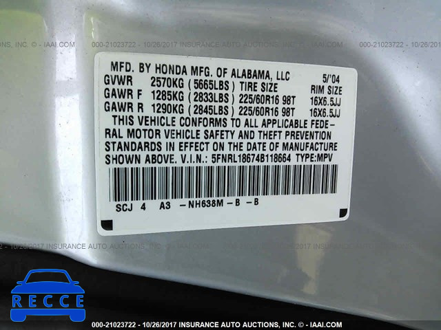 2004 HONDA ODYSSEY 5FNRL18674B118664 image 8