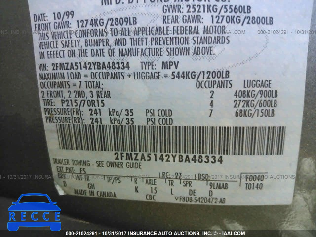 2000 Ford Windstar LX 2FMZA5142YBA48334 image 8