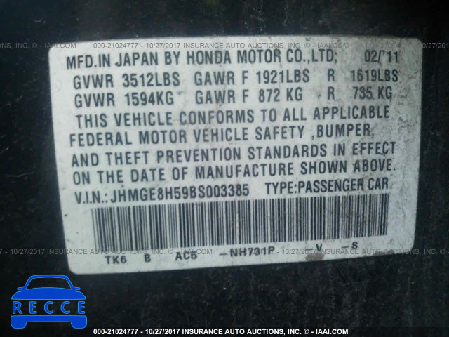 2011 Honda FIT SPORT JHMGE8H59BS003385 image 8