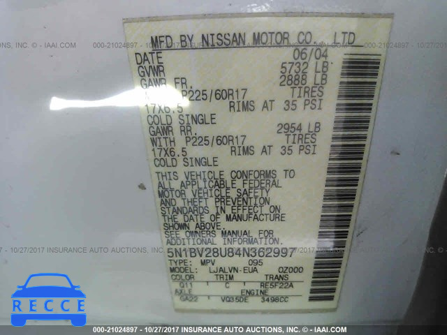 2004 Nissan Quest 5N1BV28U84N362997 Bild 8