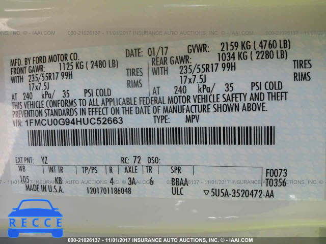 2017 FORD ESCAPE 1FMCU0G94HUC52663 image 8
