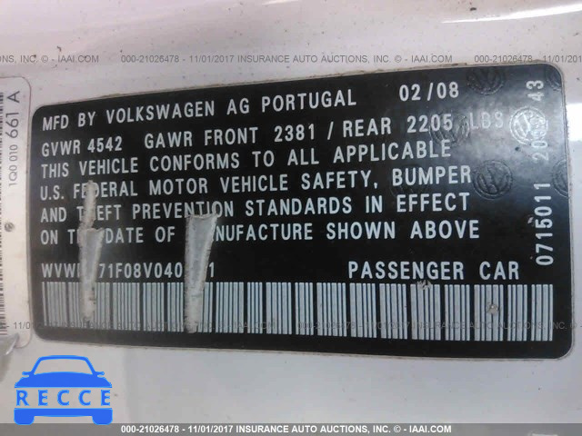 2008 Volkswagen EOS TURBO/KOMFORT WVWBA71F08V040241 image 8