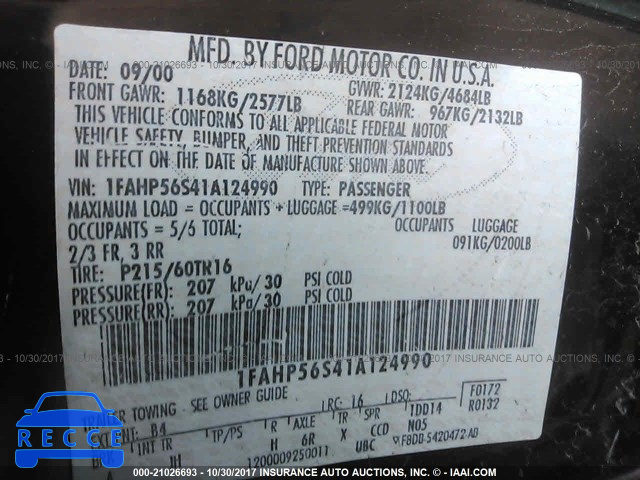 2001 Ford Taurus 1FAHP56S41A124990 image 8