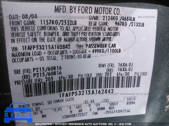 2005 Ford Taurus 1FAFP53215A162842 зображення 8