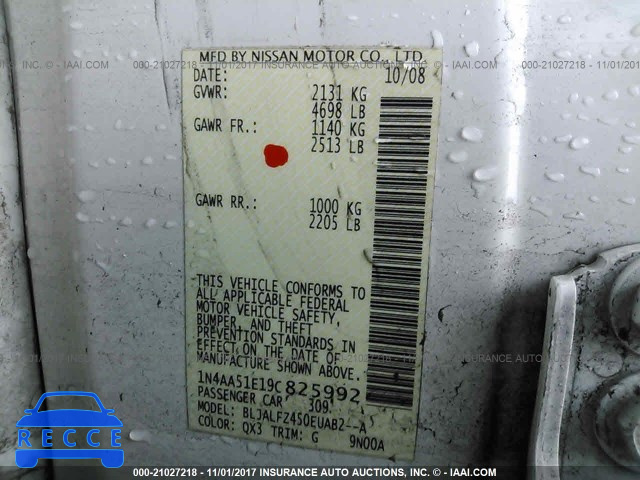2009 Nissan Maxima 1N4AA51E19C825992 image 8
