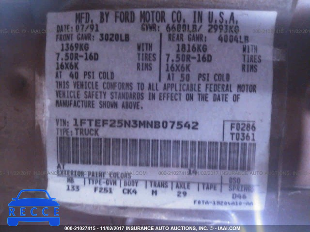 1991 Ford F250 1FTEF25N3MNB07542 image 8