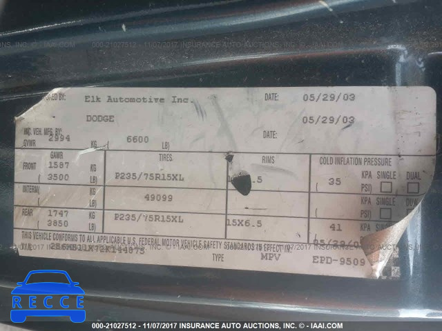 2002 Dodge Ram Van B1500 2B6HB11X72K144875 image 8