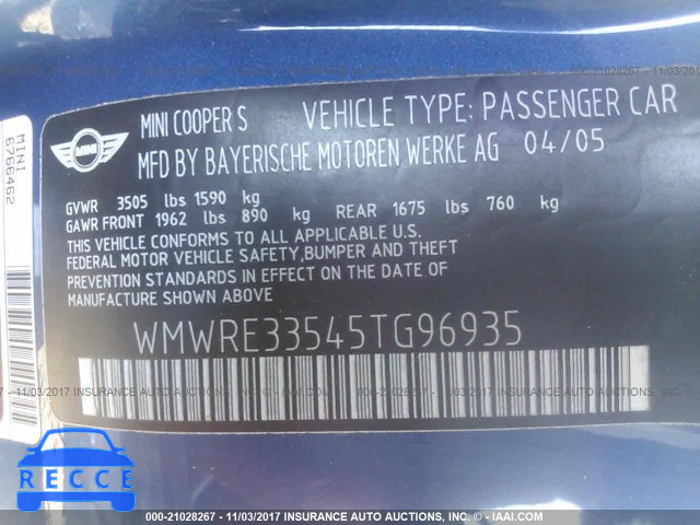 2005 MINI COOPER S WMWRE33545TG96935 image 8
