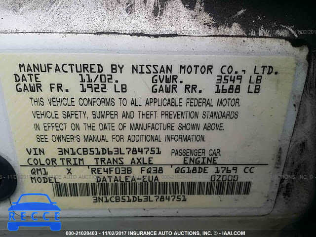 2003 NISSAN SENTRA XE/GXE 3N1CB51D63L784751 Bild 8
