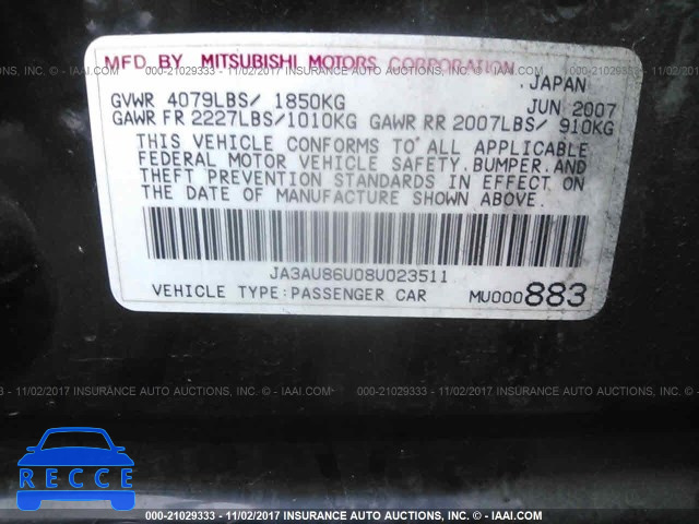 2008 MITSUBISHI LANCER GTS JA3AU86U08U023511 image 8