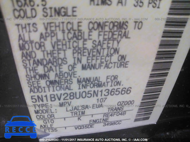 2005 Nissan Quest S/SE/SL 5N1BV28U05N136566 image 8