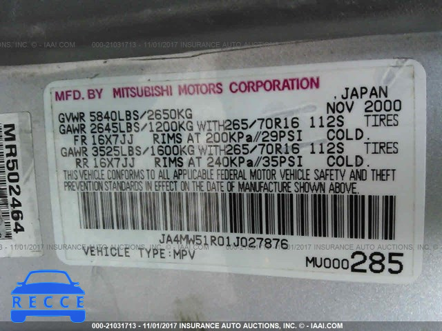 2001 Mitsubishi Montero LIMITED JA4MW51R01J027876 image 8