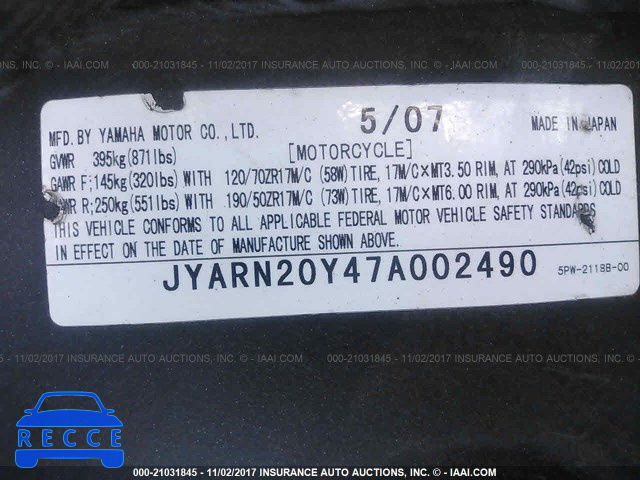 2007 Yamaha YZFR1 JYARN20Y47A002490 зображення 9