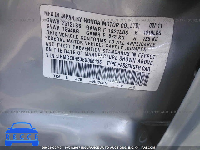 2011 Honda FIT SPORT JHMGE8H53BS006136 image 8