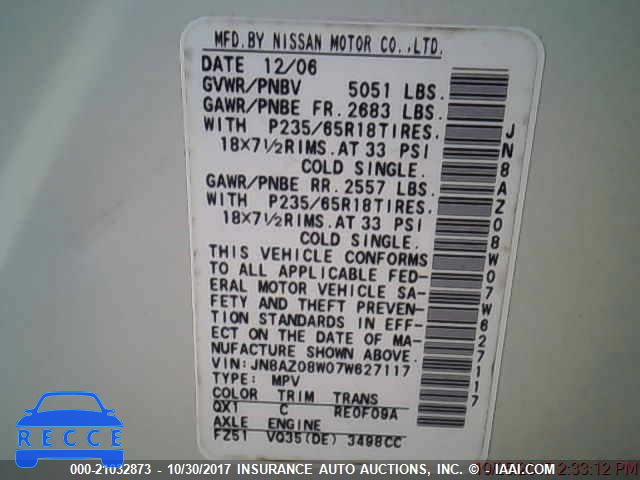 2007 Nissan Murano SL/SE/S JN8AZ08W07W627117 image 8