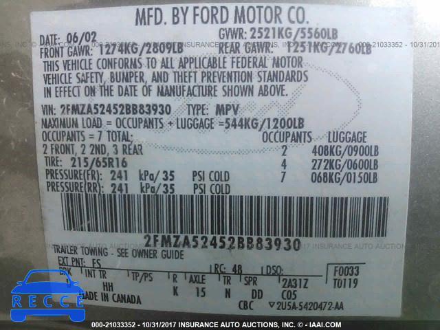 2002 Ford Windstar SE 2FMZA52452BB83930 image 8