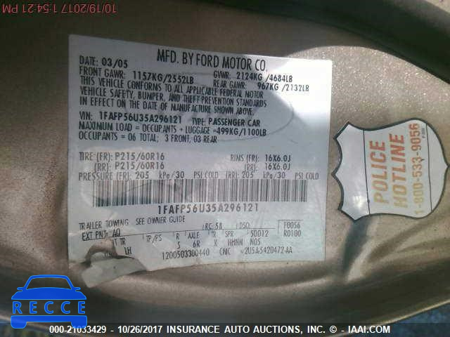 2005 Ford Taurus 1FAFP56U35A296121 Bild 8